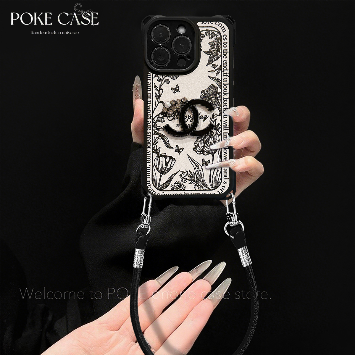 四角挂绳皮纹轻奢花花蝴蝶适用华为红米苹果vivo小米oppo手绳壳