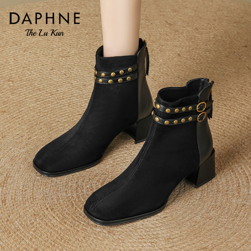 达芙妮复古短靴女2025新款秋冬粗跟马丁靴方头瘦瘦靴百搭时装靴KQ