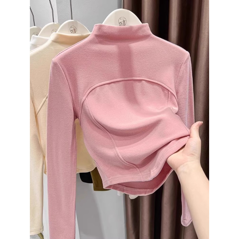 芊芊芙粉色半高领打底衫女秋冬内搭紧身收腰双面德绒保暖长袖上衣