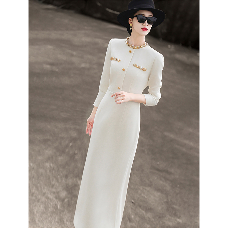 MEXCOCO/兰瑟儿春新款气质法式淑女钉珠修身开叉连衣裙105CL9326