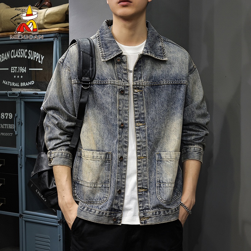Mexican/稻草人美式复古牛仔外套男士秋季休闲高级感上衣痞帅夹克