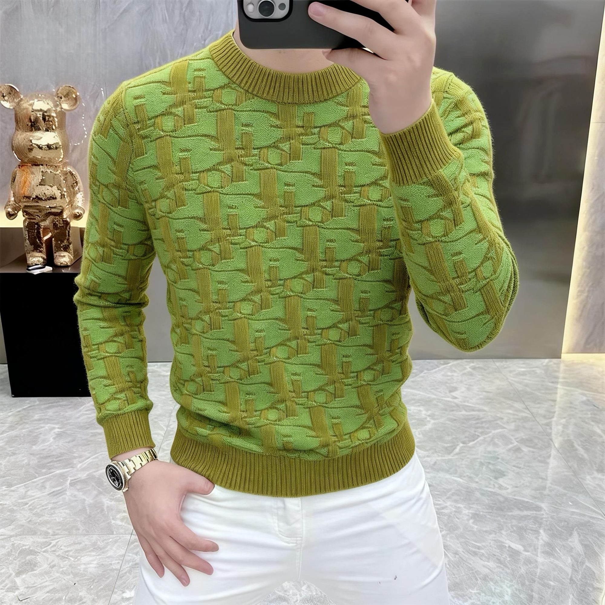 高档圆领提花针织衫毛衣男士秋冬加厚保暖时尚潮流打底衫男装2355