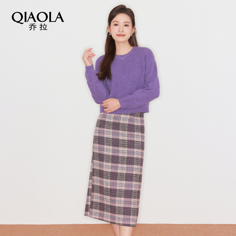 QIAOLA/乔拉【紫藤之恋】秋冬季北极绒立体花朵格纹A版时尚套装