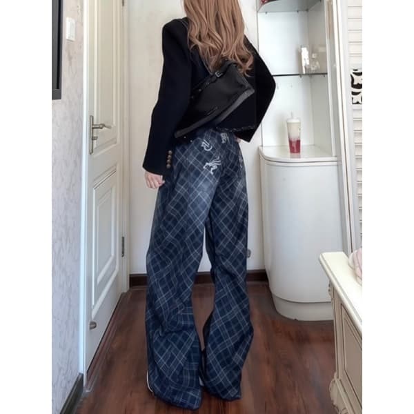 美式复古港风水洗磨白格纹牛仔裤女冬季新款宽松休闲阔腿直筒裤子