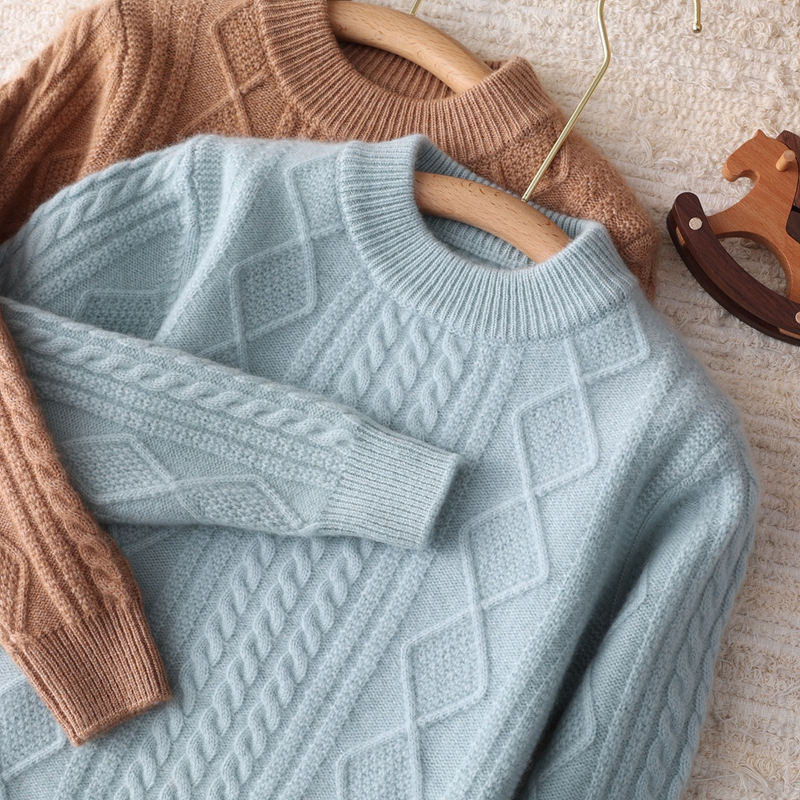 儿童羊绒衫宽松加厚纯色保暖圆领秋冬季套头绞花菱形打底半高领