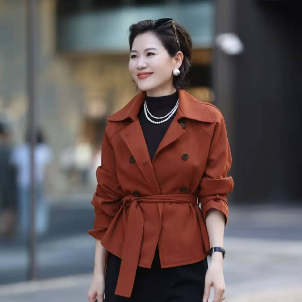 VCOS羊毛斜纹花纱松紧腰带飒爽百搭短款风衣外套