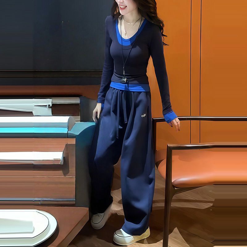 2025秋季新款拼色假两件长袖正肩T恤修身上衣搭配高腰休闲裤套装