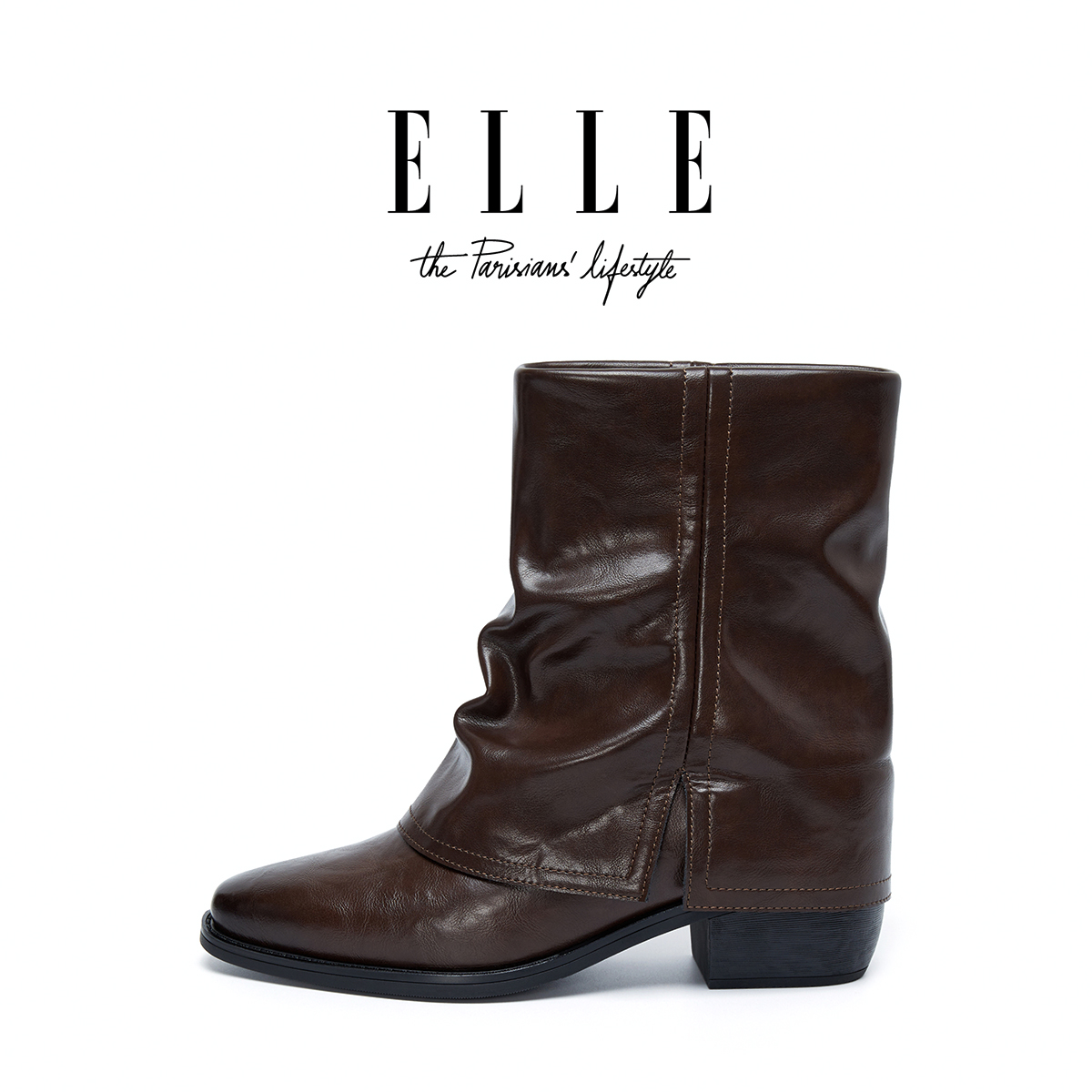 ELLE琥珀流光风厚底褶皱裤管靴女2025新款小个子增高马蹄跟短靴子