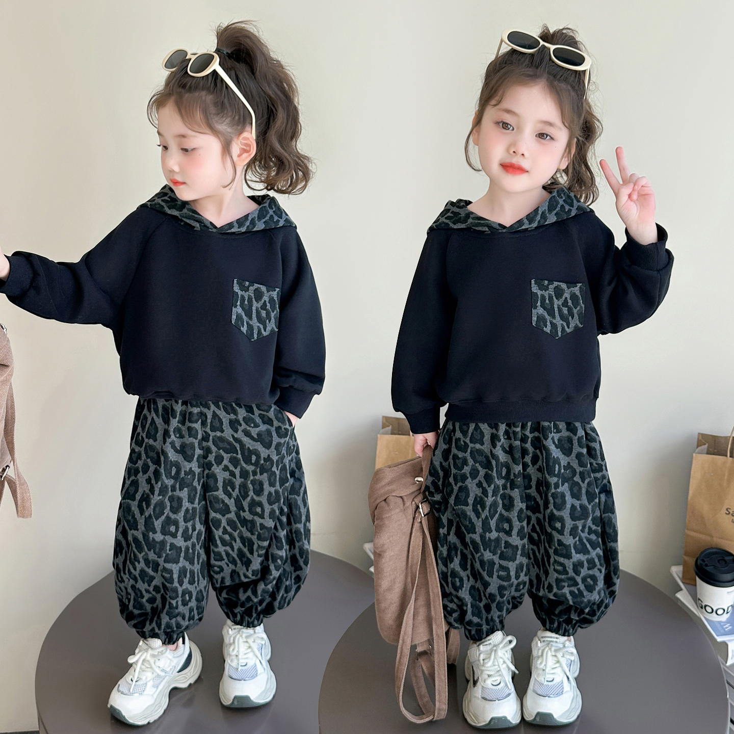 男女童春秋豹纹连帽卫衣套装2025新款儿童女孩韩版上衣裤子两件套