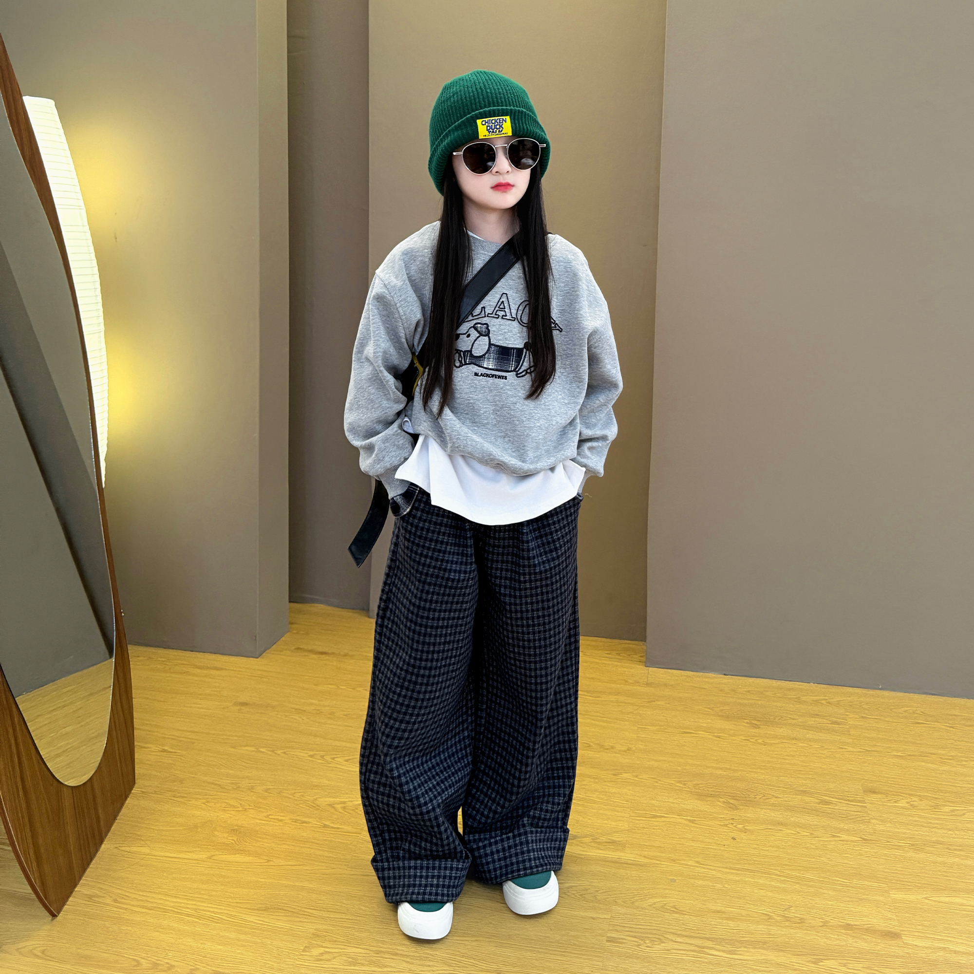 女童2025新款中大童韩版时尚宽松印花卫衣阔腿格子休闲裤套装潮酷