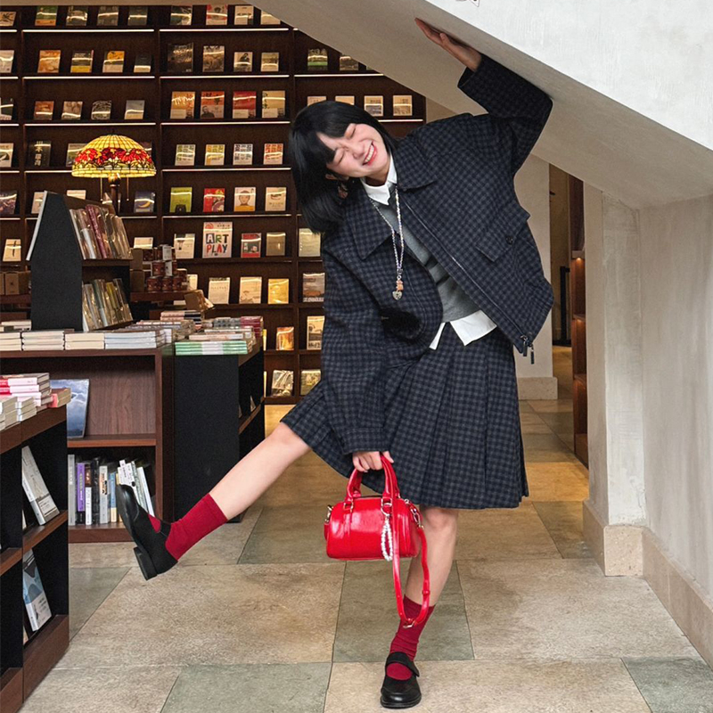 学院风套装女秋冬港味复古廓形格子工装夹克外套百褶半身裙两件套