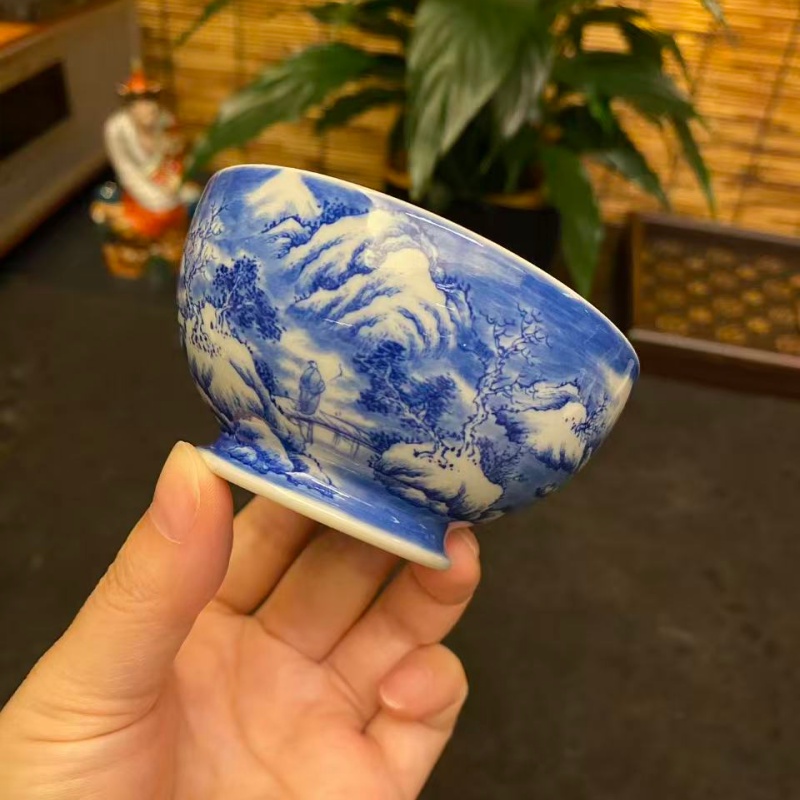 【四悦茶陶】青花雪景主人杯 景德镇茶具手工手绘