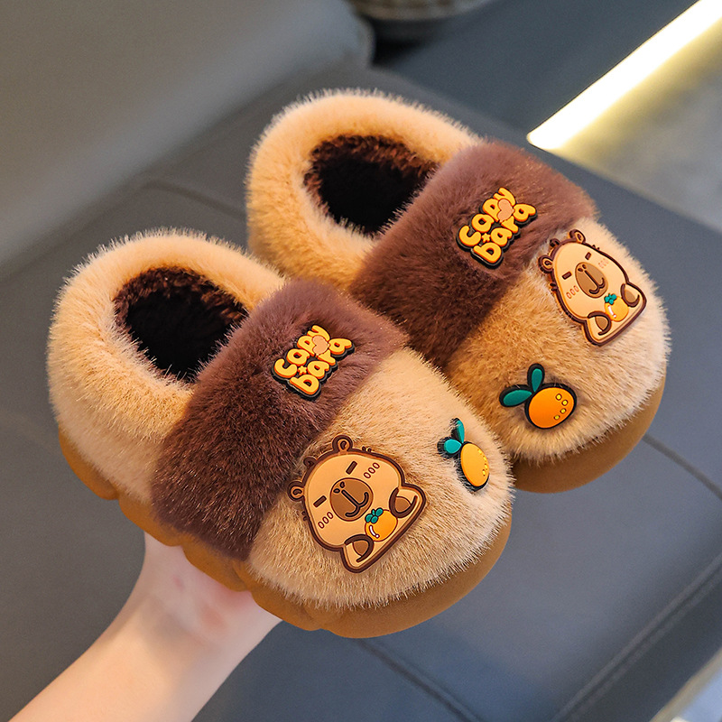 卡皮巴拉冬季儿童包跟棉鞋男女童2025新款居家亲子毛绒小孩棉拖鞋
