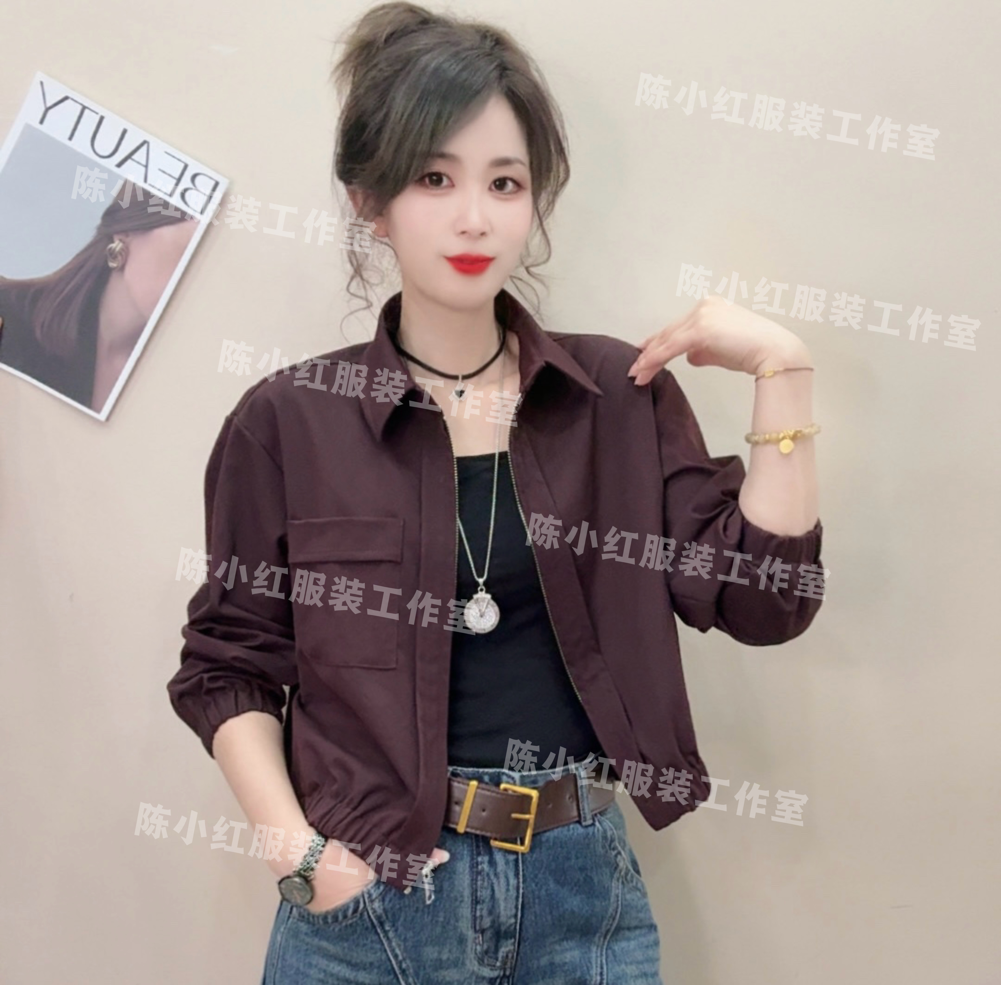 欧货爆款高级感时尚炸街翻领短款外套女