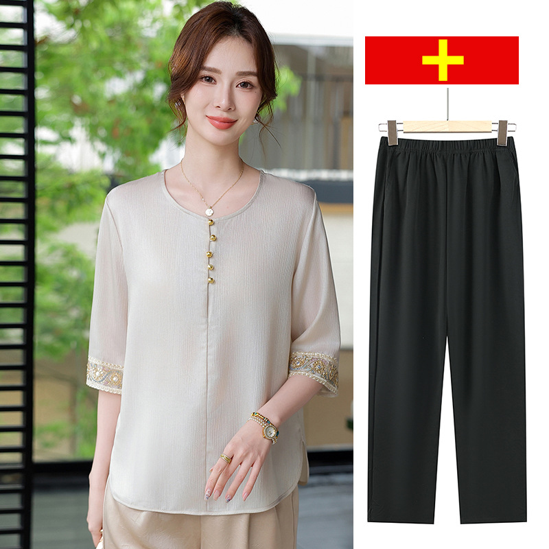 中年妈妈夏装国风衬衣套装2025新款洋气质中老年女装上衣裤子衣服