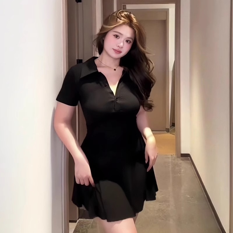 咔萌莉大码女装胖mm纯欲风POLO领捏褶短袖连衣裙夏收腰显瘦短裙子
