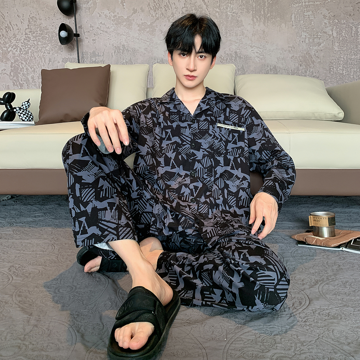 秋冬新款男士纯棉开衫休闲睡衣时尚高档宽松可外穿家居服套装男