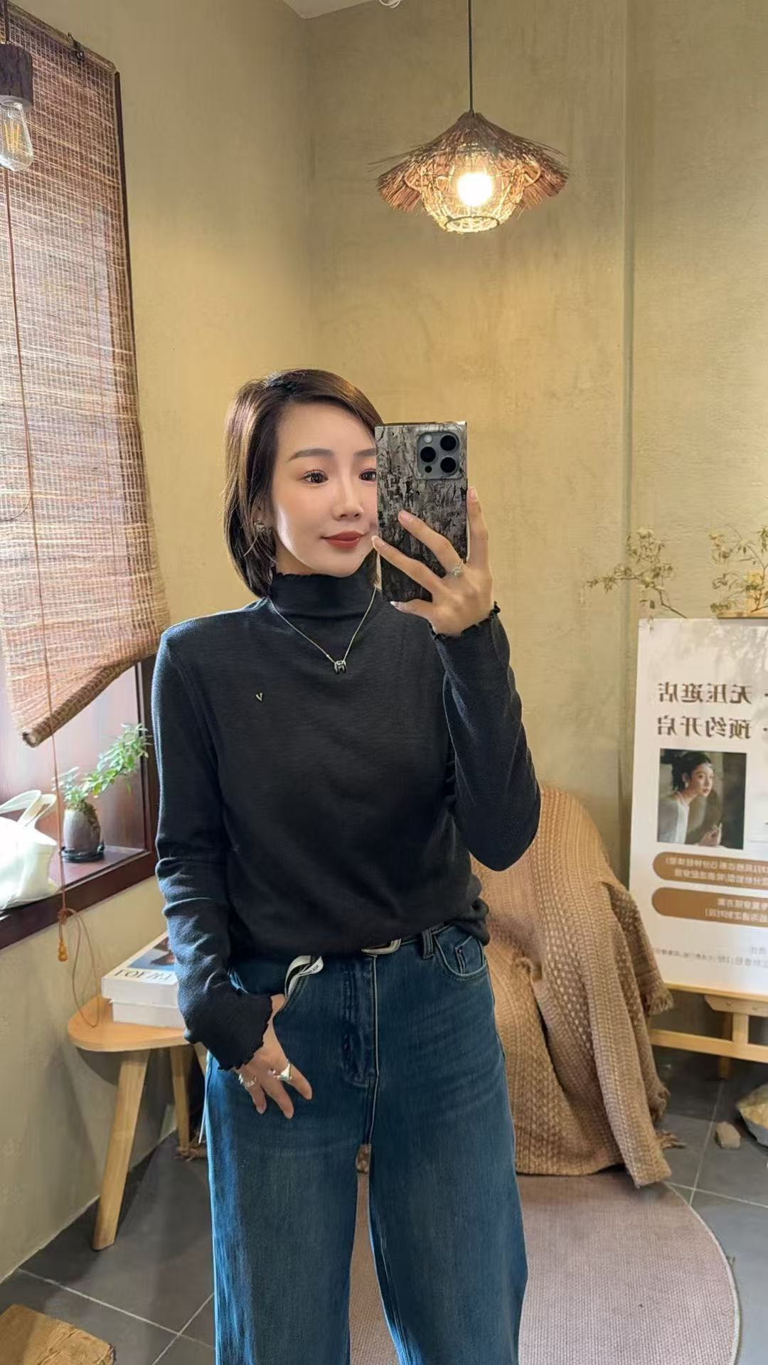 轩轩休闲字母半高领长袖T恤打底衫加绒53268