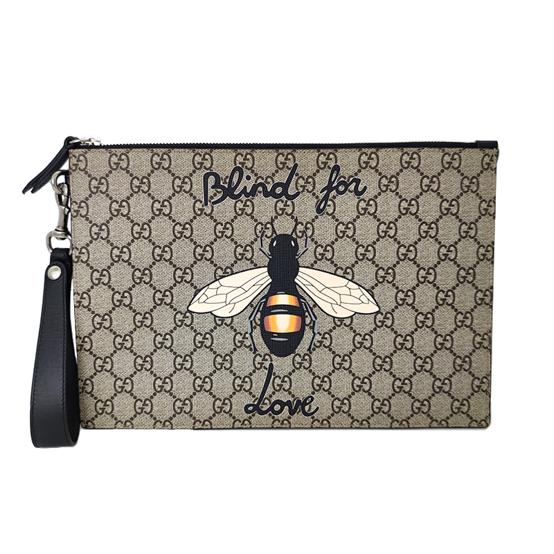 95新 GUCCI/古驰 棕色双G老花男女士小蜜蜂印花手拿包