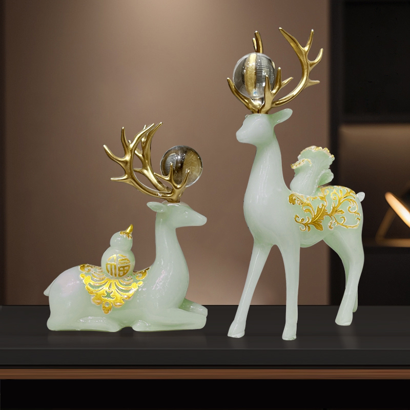 （于清专属）玉色福鹿相随驯鹿摆件轻奢客厅玄关电视柜装饰工艺品