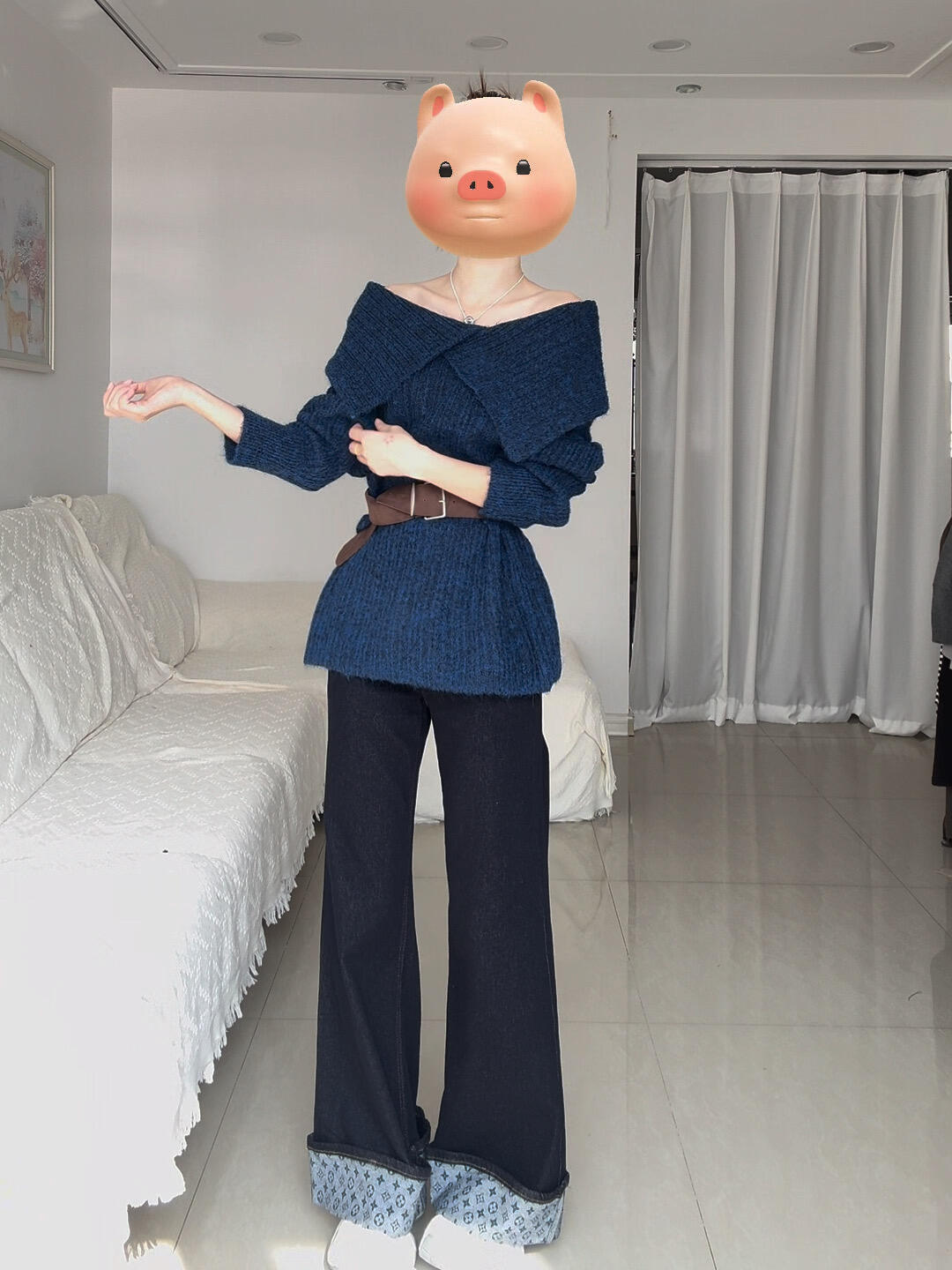 2025超火秋装一整套韩系套装一字肩翻领毛衣中长款牛仔裤两件套装
