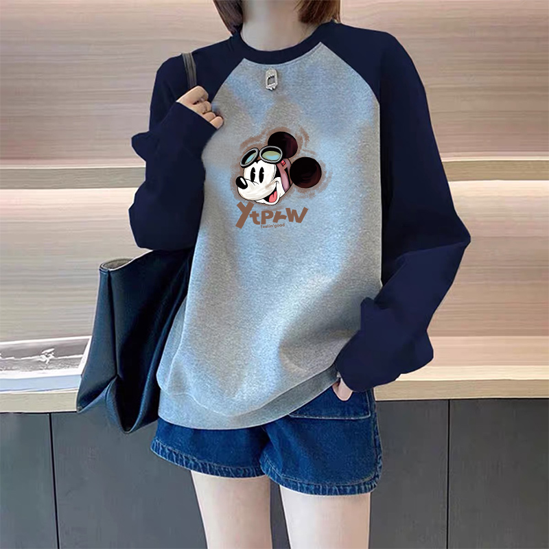 撞色插肩袖圆领薄款卫衣女春秋2025新款韩版宽松百搭显瘦加绒上衣
