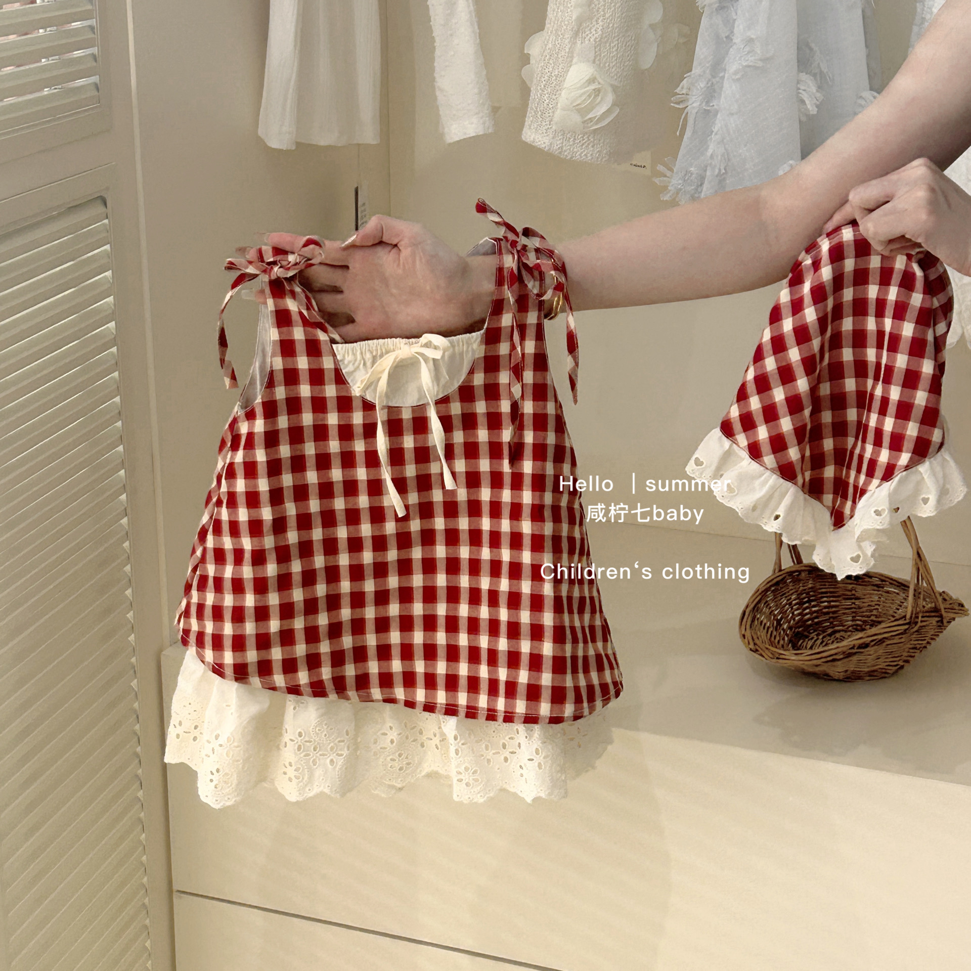 女童背心裙2025夏装新款宝宝红色格子假两件连衣裙儿童夏季吊带裙
