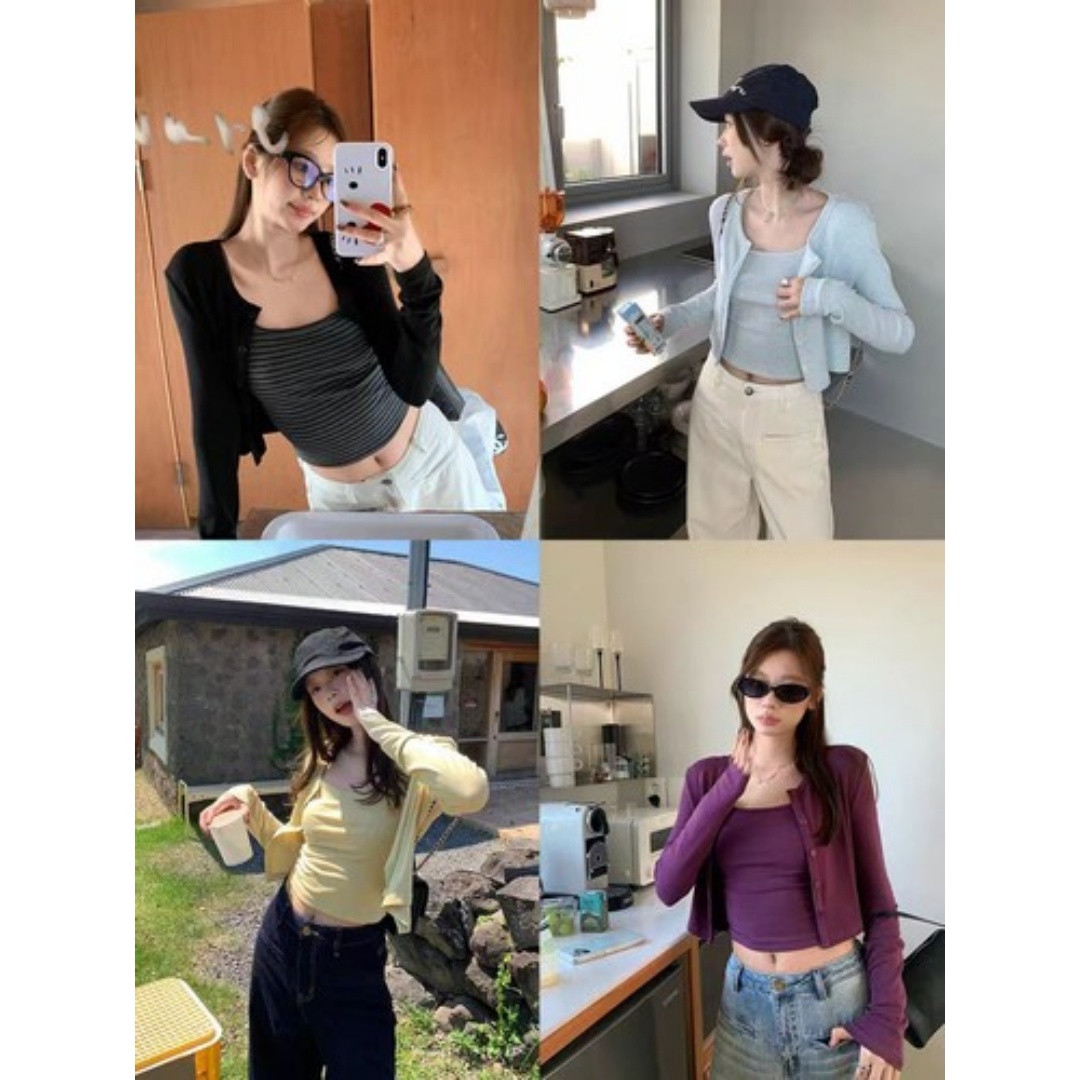 韩女daily~圆领长袖短开衫+可调节吊带两件套22072#