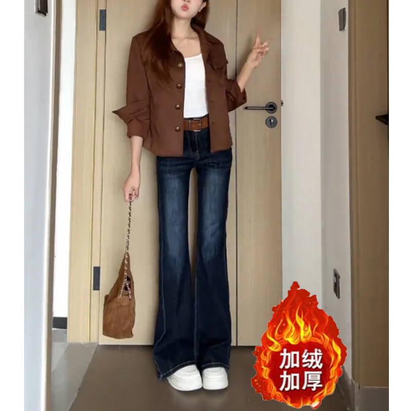 美式复古不贴腿微喇牛仔裤女2025冬季新款高腰喇叭百搭修身长裤子