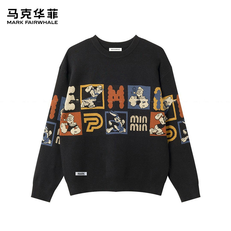 马克华菲冬季针织衫图案印花休闲宽松潮流复古毛衣圆领套头上衣