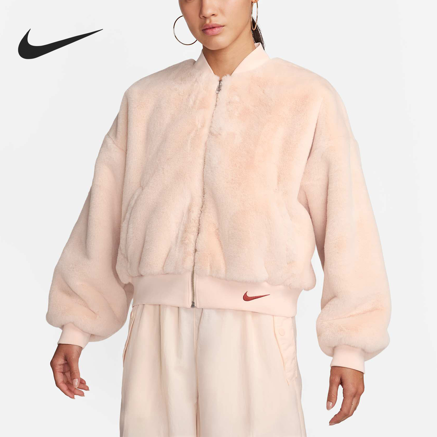 Nike/耐克正品秋冬新款女士保暖短款立领毛绒外套FB8693-838