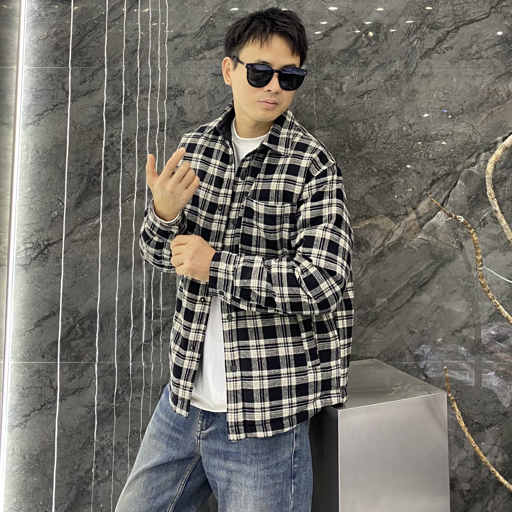 冬季绵羊毛混纺格子衬衣90白鸭绒羽绒服外套痞帅高级感高品质外套