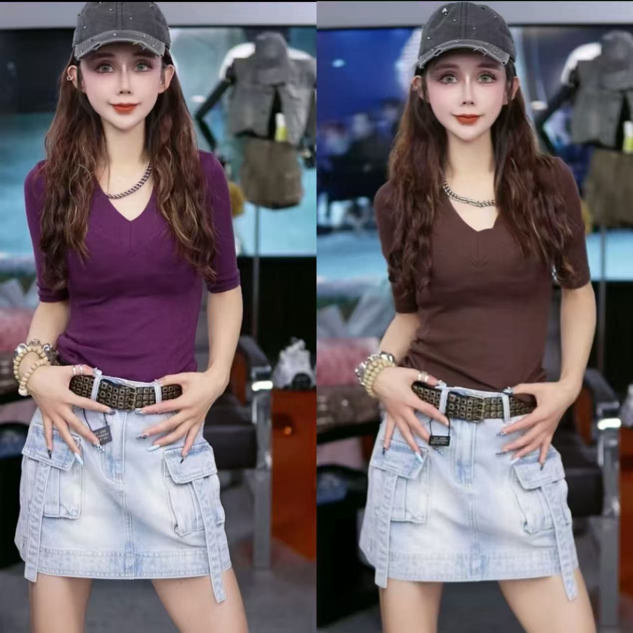 星宝定制2025早秋新款美式辣妹V领中袖T恤设计款修身显瘦洋气百搭