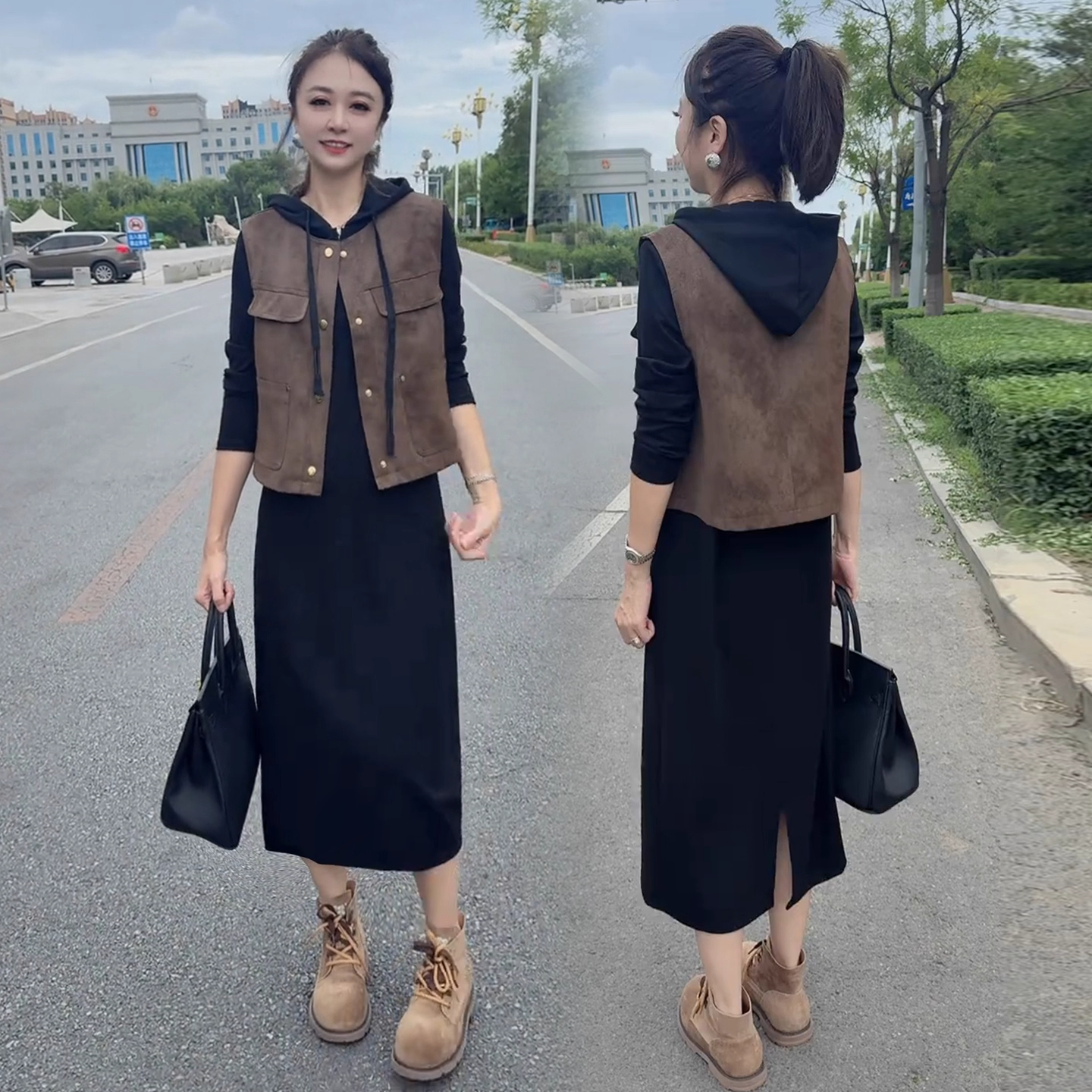 时尚套装裙女2025秋季新款设计感中长款连帽卫衣裙马甲休闲两件套