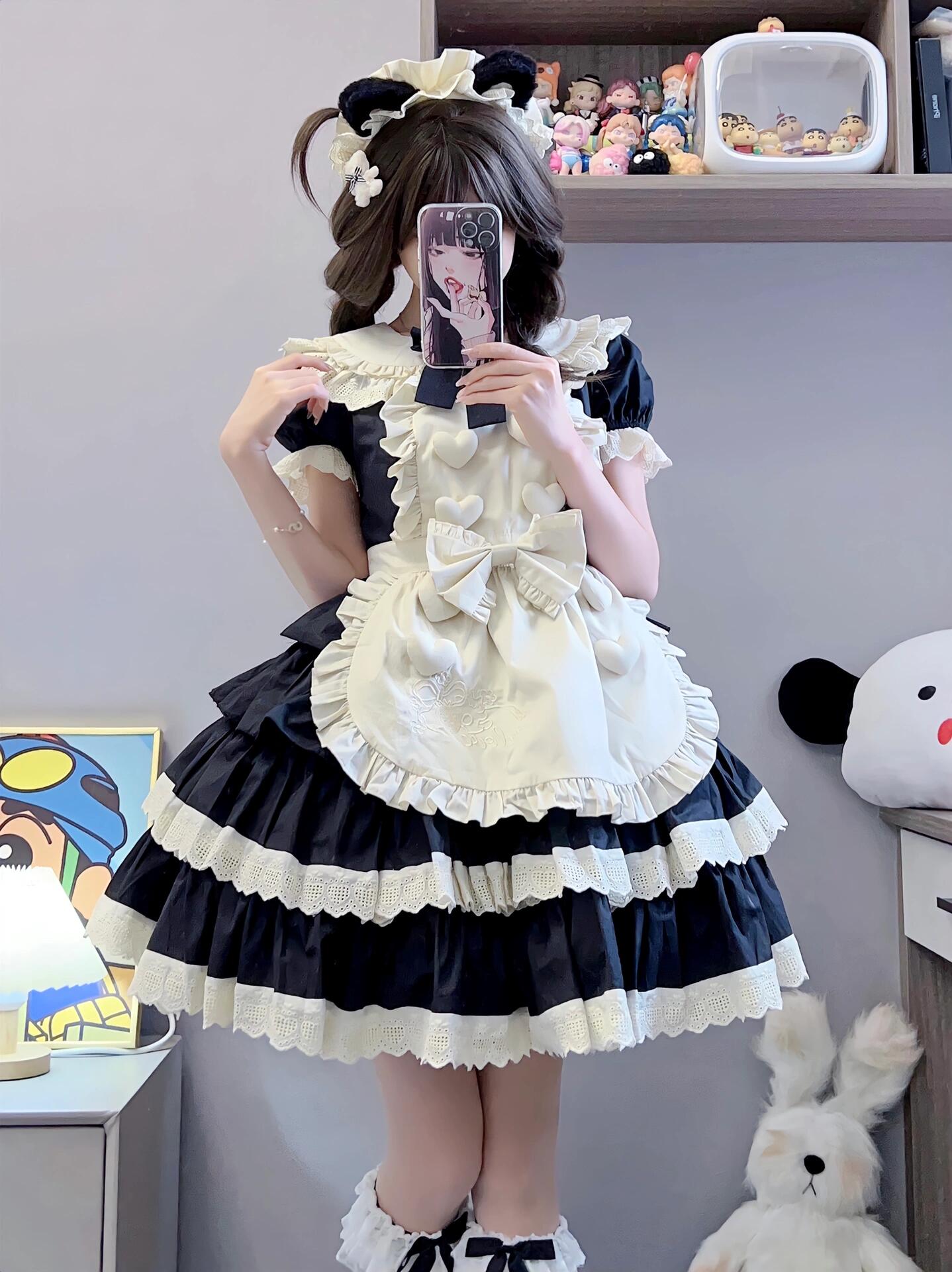 可爱甜美软妹风lolita女仆装连衣裙黑粉短袖OP洛丽萝莉塔蓬蓬裙