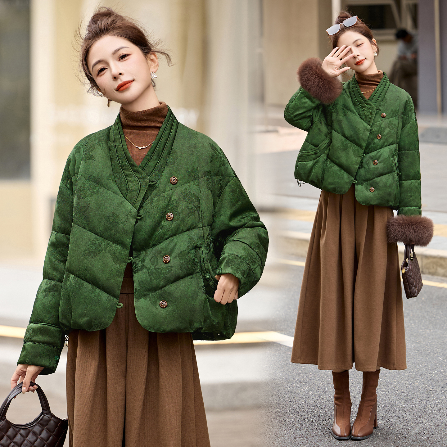 国风气质提花羽绒服女2025年冬季新款狐狸毛小个子减龄新中式外套