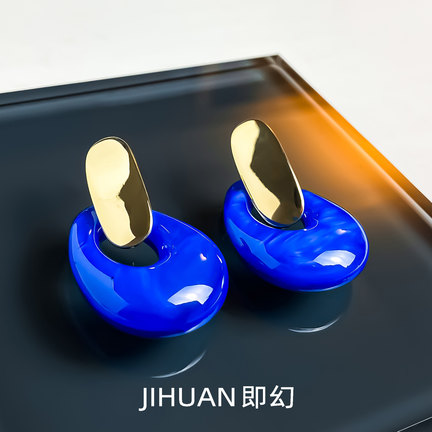 铜合金耳饰 法式克莱因蓝色轻奢时尚气质精致优雅小众耳环 9787