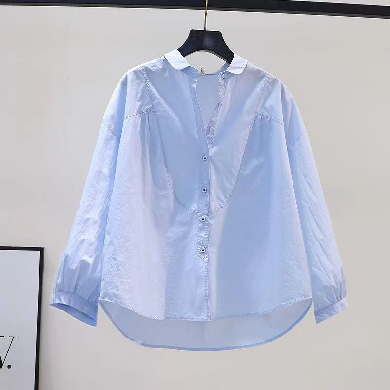 纯棉大码文艺范浅蓝色胖mm衬衣女长袖袖休闲衬衫春秋新款气质上衣