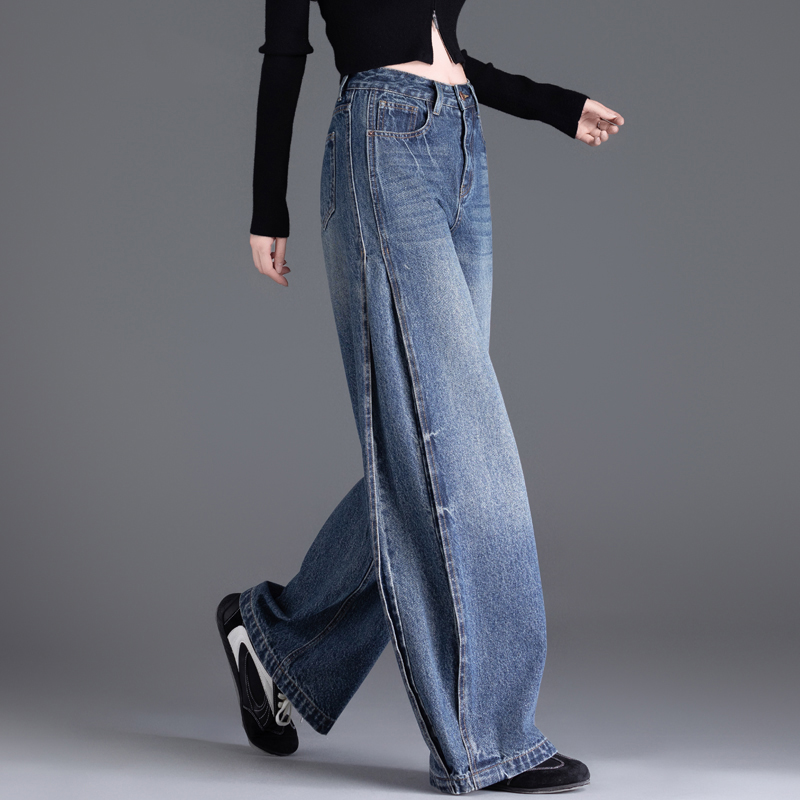 美式拼接阔腿牛仔裤女2025新款秋冬裤子设计感直筒弯刀裤高腰显瘦