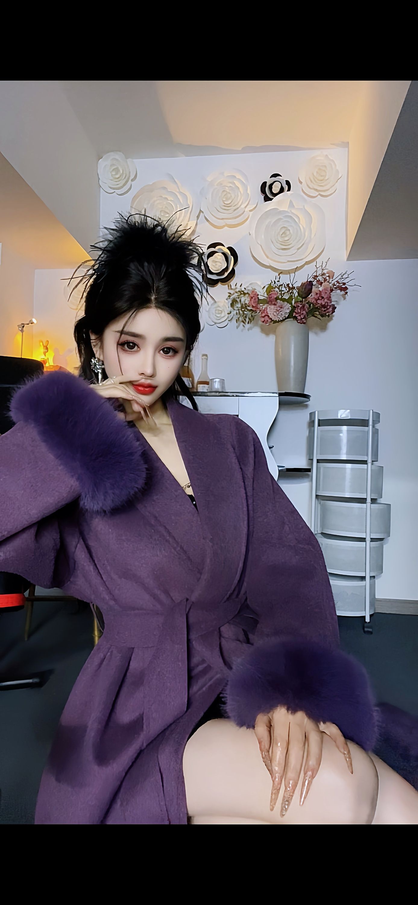 【王二小】极简风时尚长款带毛领女士毛呢外套加厚呢大衣冬季韩版69