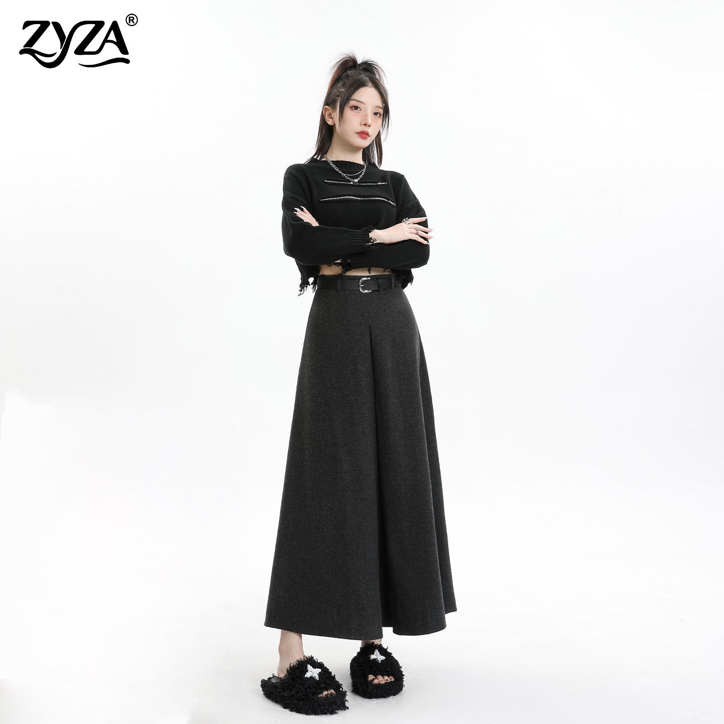 ZYZA灰色毛呢半身裙女秋冬新款高腰显瘦气质宽松a字大摆裙长裙子