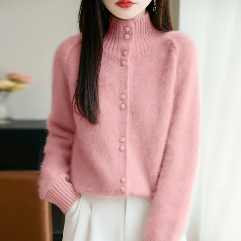 温柔气质感~新款七针加厚包扣立领开衫100%纯羊毛衫中领毛衣外套
