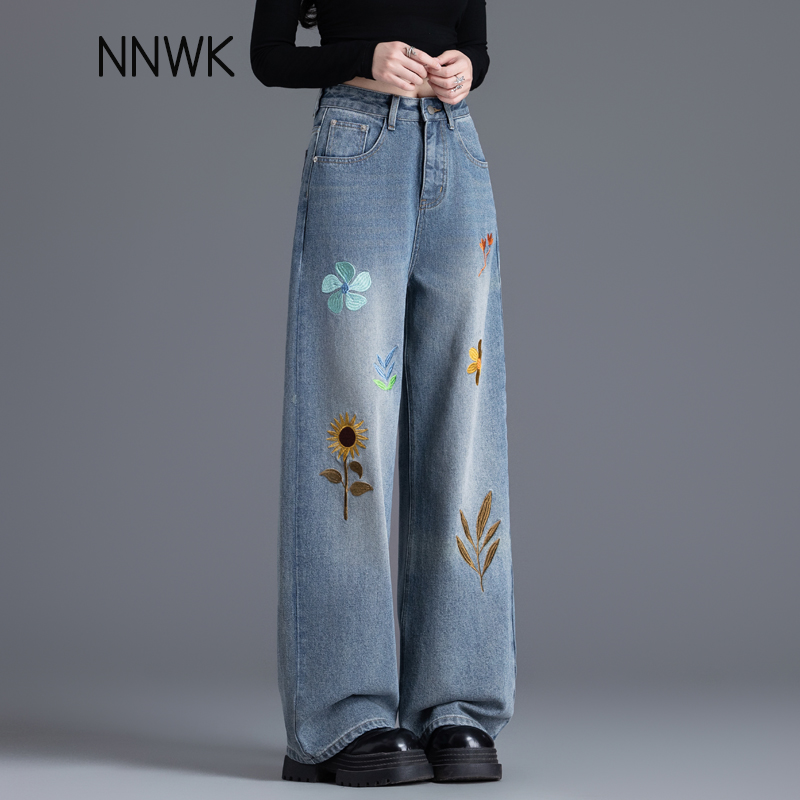 向日葵绣花牛仔裤女款2025秋季新款印花阔腿裤刺绣裤子宽松慵懒风