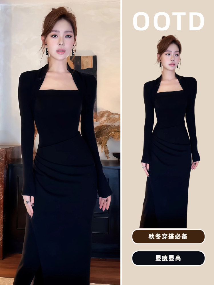 御姐范褶皱收腰设计黑色连衣裙秋冬女装2025新款优雅风包臀鱼尾裙