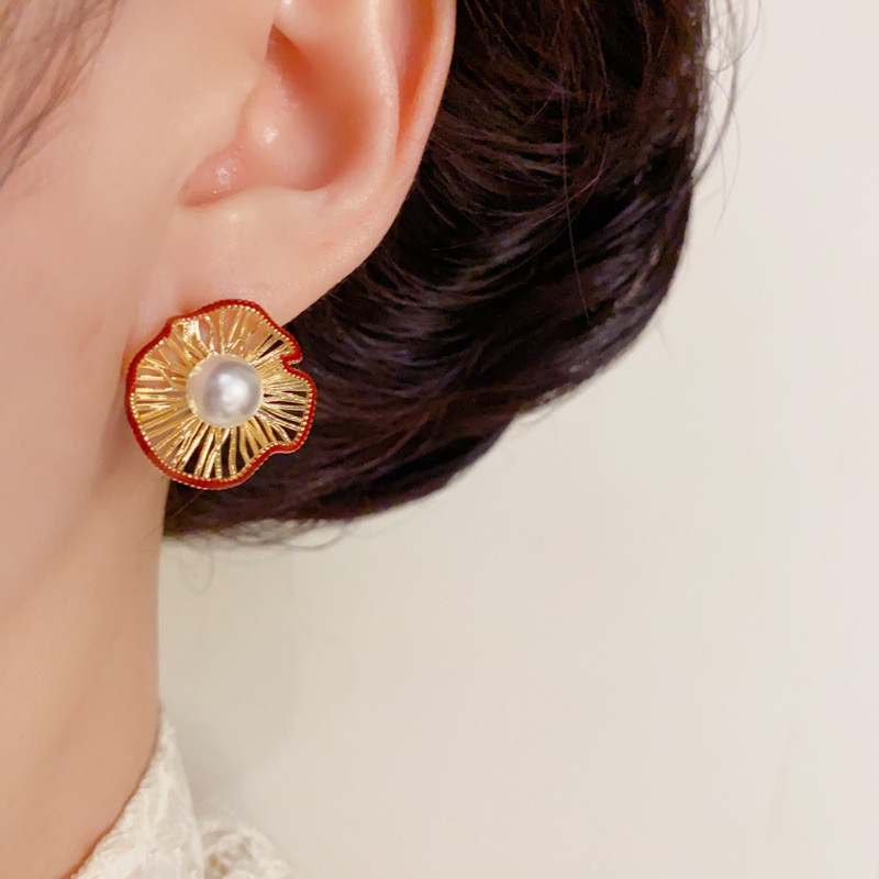 铜合金珐琅耳饰 手工耳钉红色耳饰设计感女轻奢耳饰