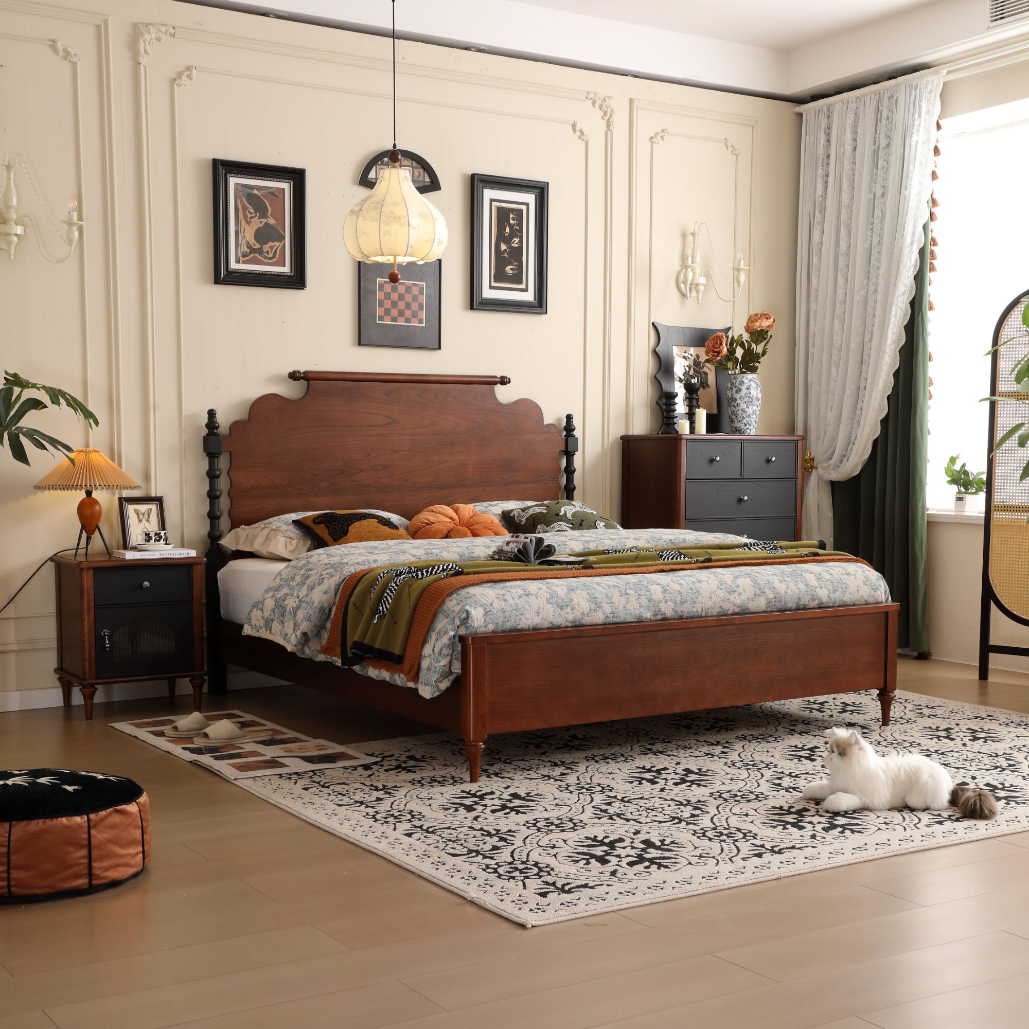 白蜡木全实木床中古风法式复古现代简约美式双人家用主卧爱德华床