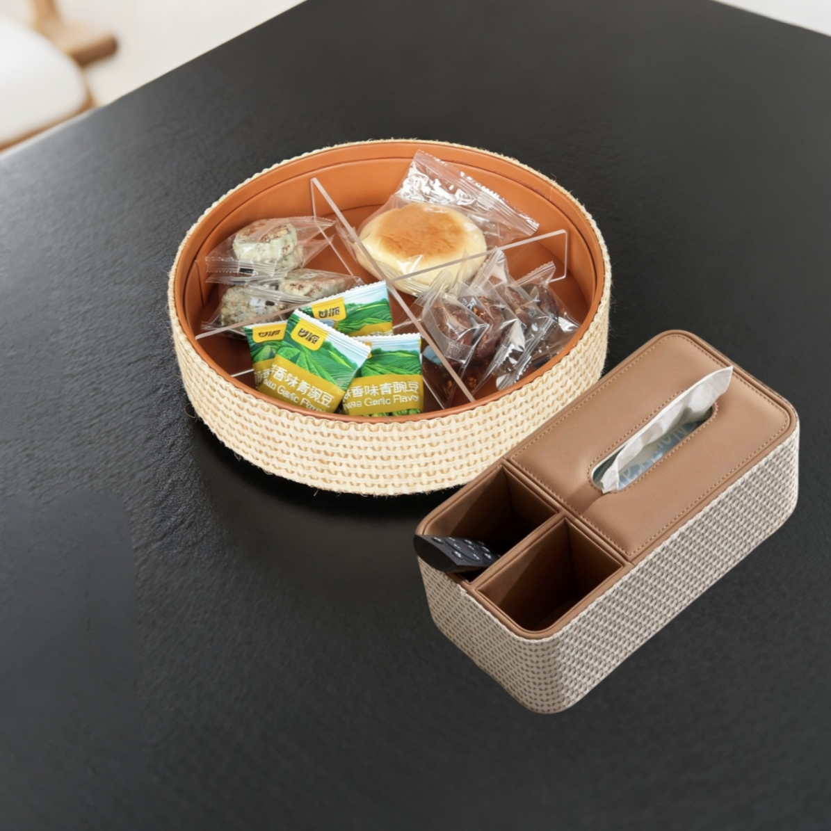 轻奢纸巾盒干果盒配套干果盒带盖内有分层实木提手零食盒桌面收纳