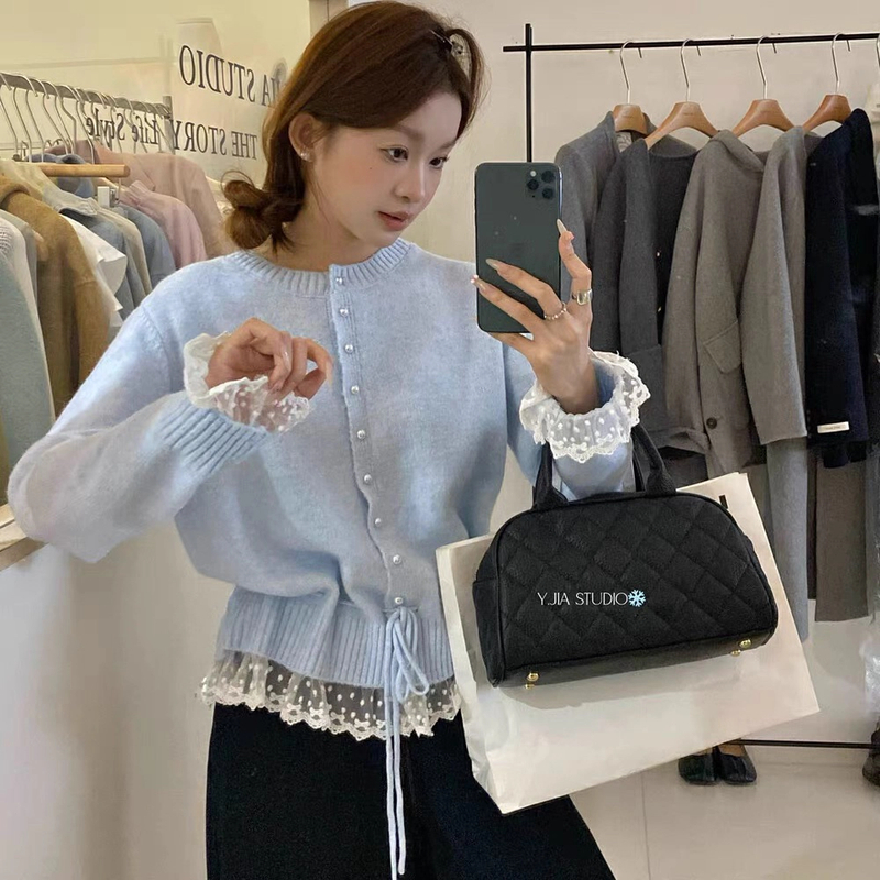 甜美减龄蕾丝花边收腰系带毛衣女2025春季韩版圆领排扣针织衫上衣