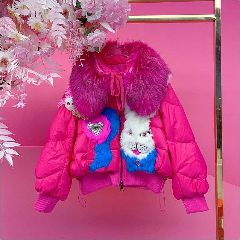 QD1722欧美设计师2025冬季新款钉钻拼免毛卡通狐狸毛领羽绒外套女