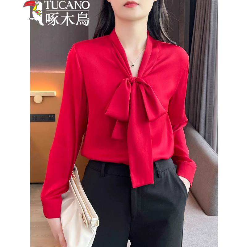 TUCANO/啄木鳥飘带蝴蝶结绸缎面衬衫女长袖春秋新款气质职业衬衣